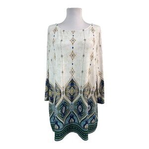 Chico's Women's XL Pullover Tunic Stretchy Paisley 3/4 Sleeves Green Blue